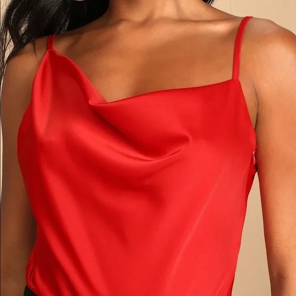 NEW Red Satin Asymmetrical Cowl Neck Bodysuit - Picture 3 of 6